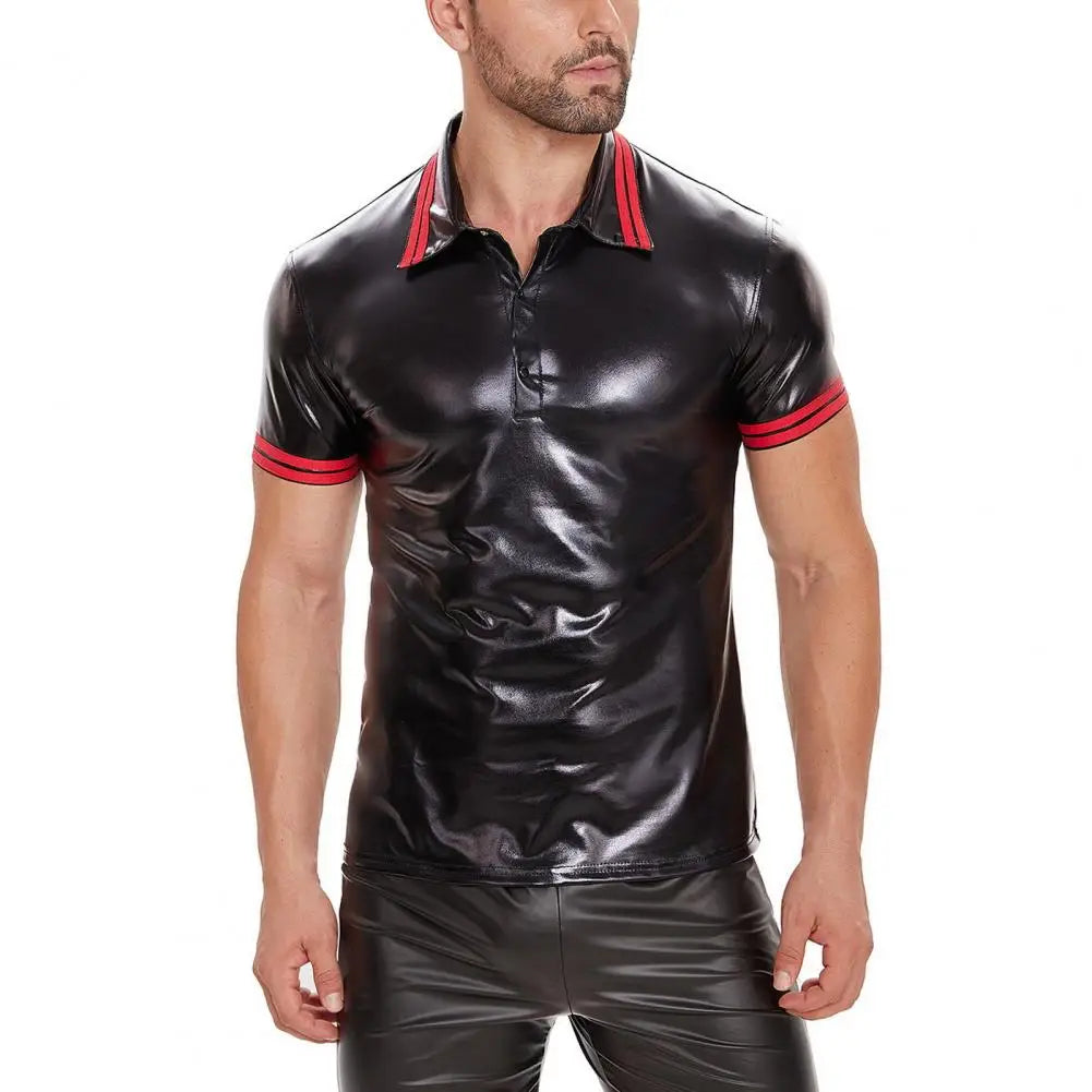 Maskulo MTP179 Leather Look Polo Shirt in Black/Red, with parallel stripes, shiny spandex/polyester, ideal for parties, role-playing, and daily wear.