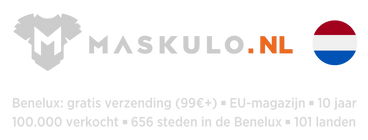 maskulo.nl logo and text in Dutch about the 99 EUR threshold for free delivery, shipping from the EU stockroom and that for 10 years more than 100 thousand purchases were delivered to 656 towns and cities in Benelux and 101 countries of the world