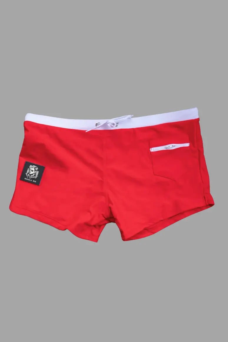 Derek Chase Club Shorts with Pocket from Maskulo Global (EU). Red/White, tight-fit swimwear made of Polyamide/Spandex.