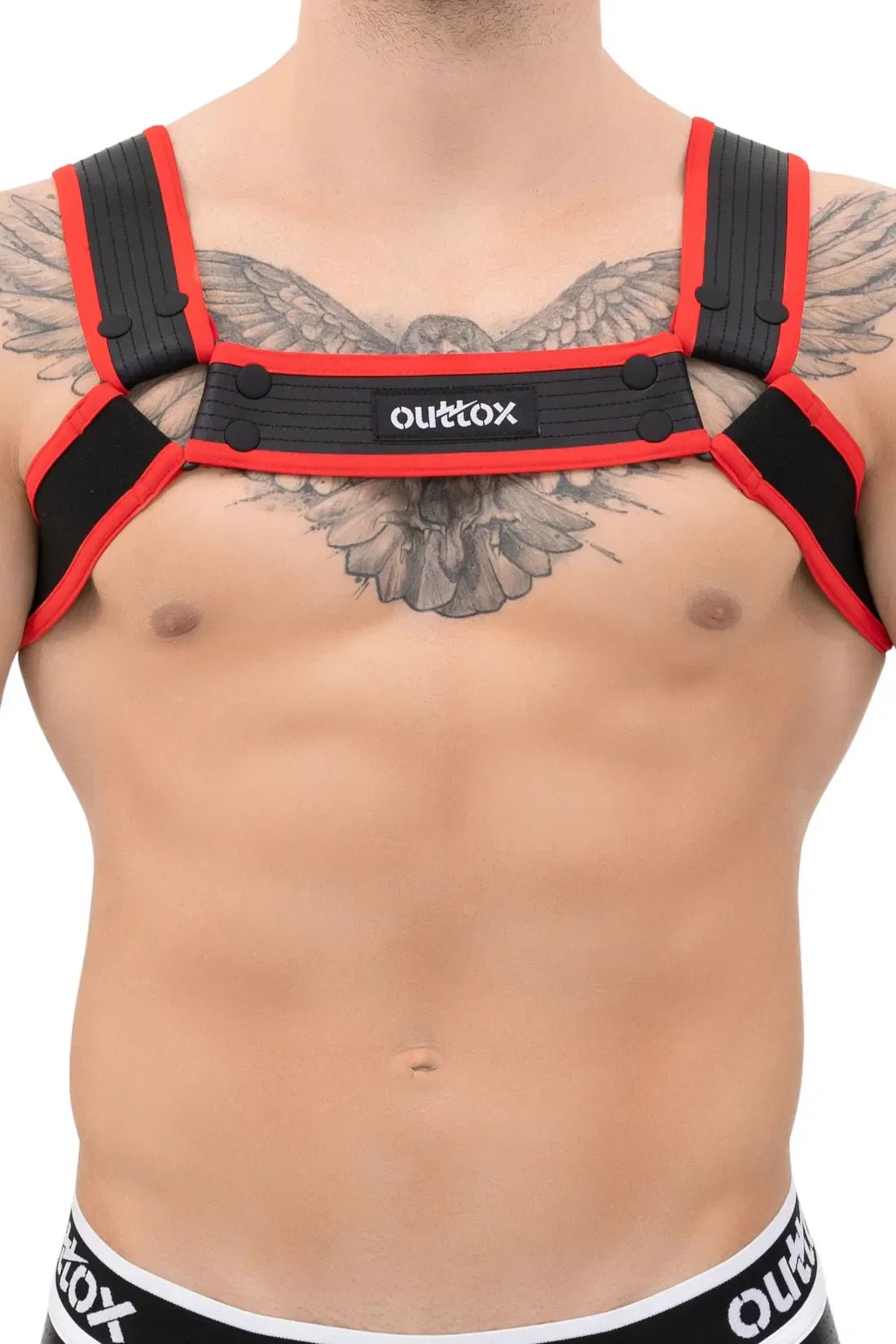 Maskulo Outtox Bulldog Harness with snaps in black and red. Stylish accessory for bold looks, adjustable fit, comfortable wear.