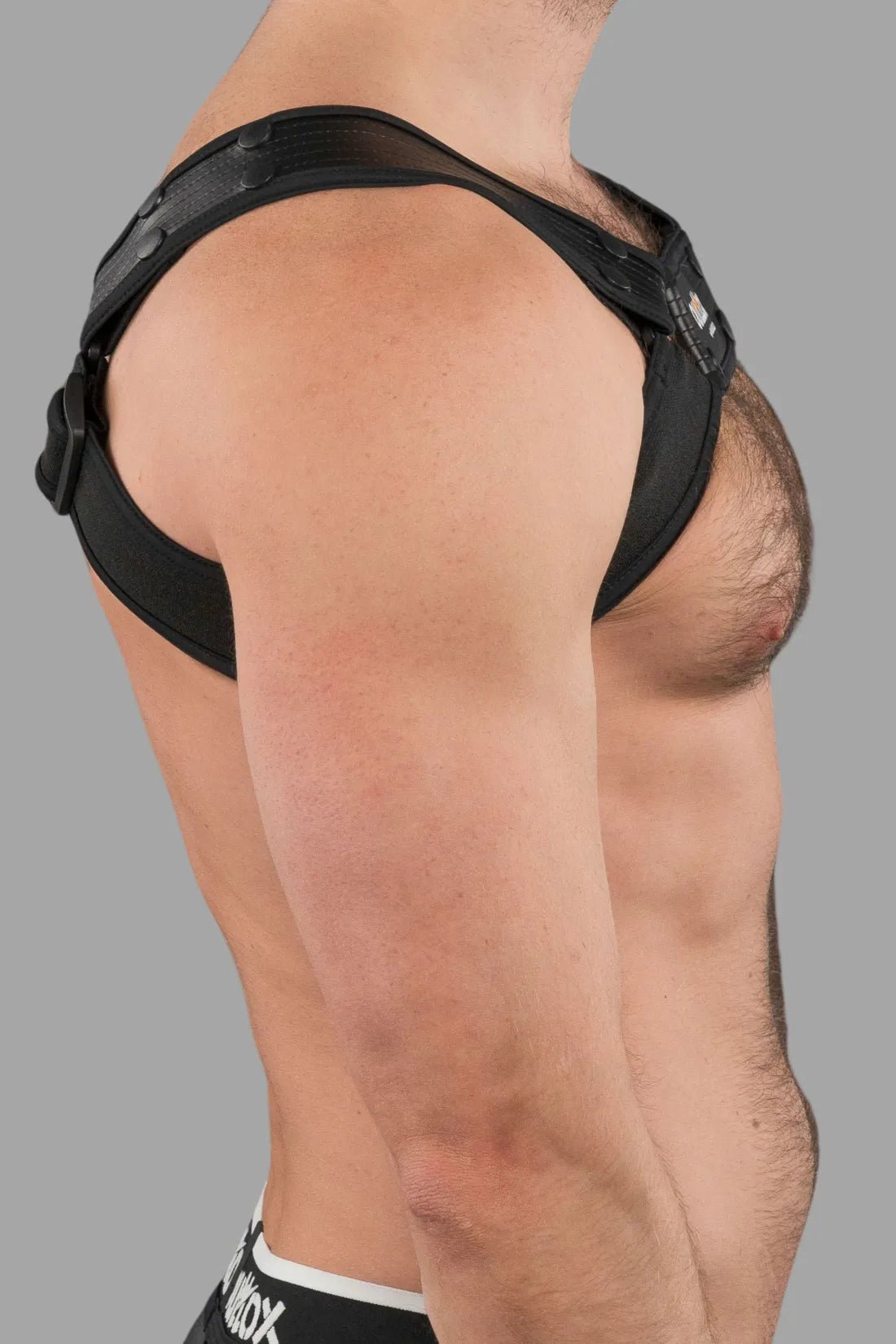 Outtox by Maskulo Bulldog Harness with Snaps in Black. Adjustable fetish accessory for men&