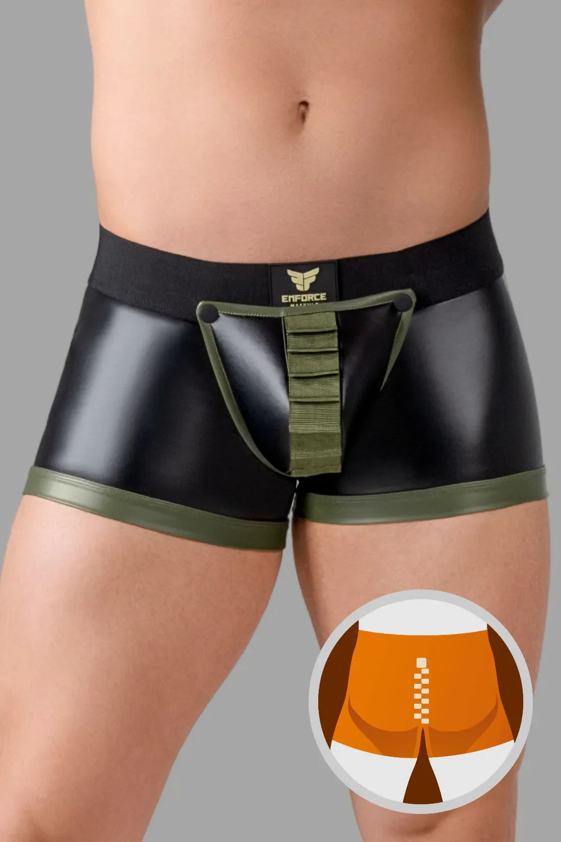 Achterschotriem met rits en codpiece trunkshort. Zwart