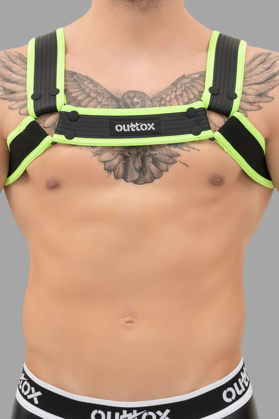 Outtox. Harnais Bulldog avec boutons-pression. Noir et vert « Neon »