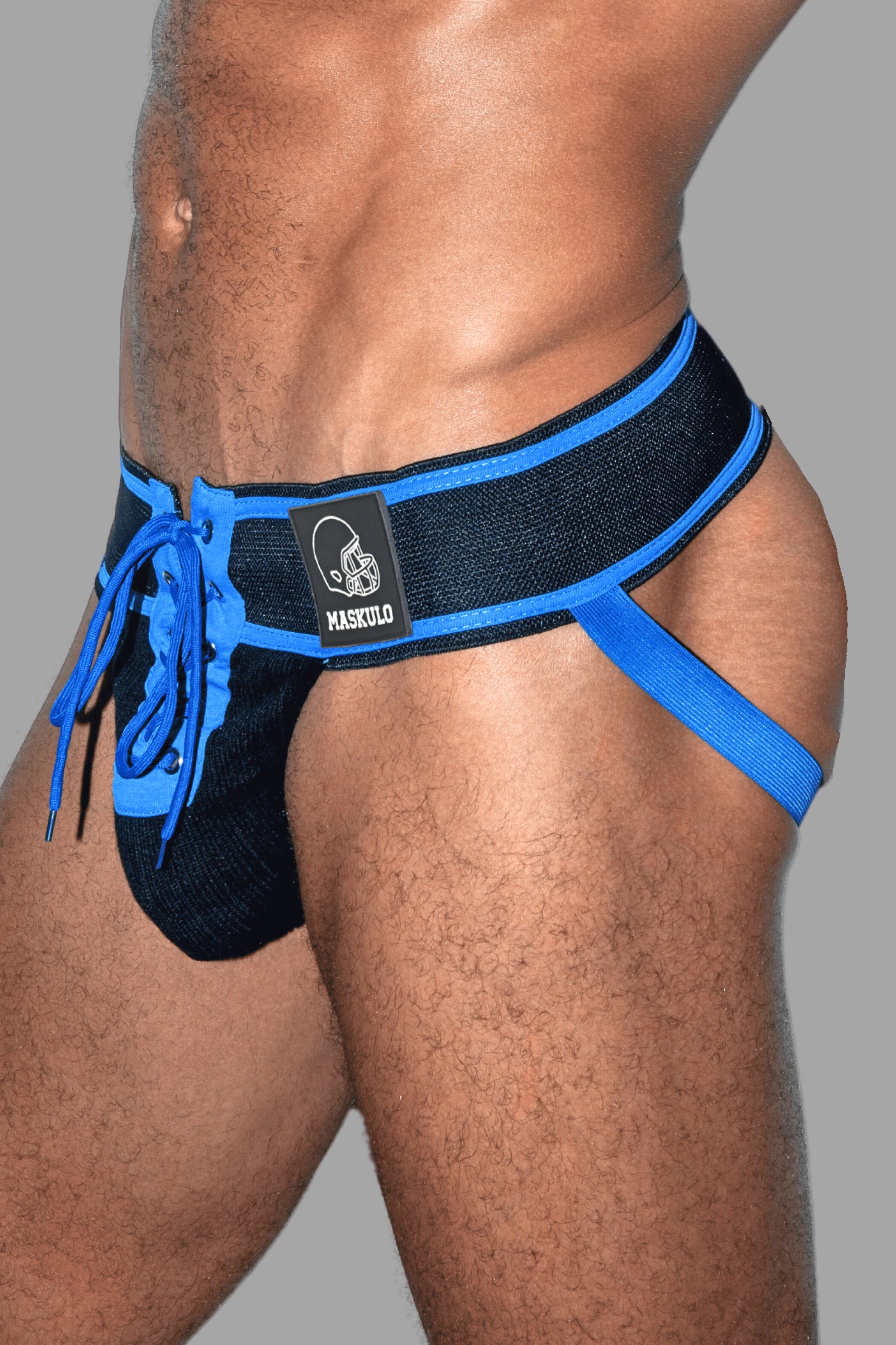 Liam Gridd-Iron, Jockstrap de Football Américain. Noir + Bleu Roi