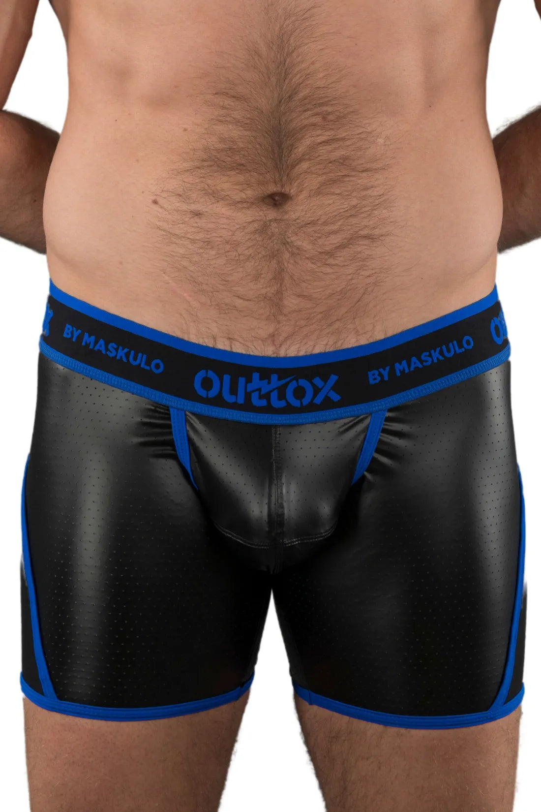 Outtox. Shorts mit offenem Rücken und Druckknopf-Codpiece. Schwarz und Blau