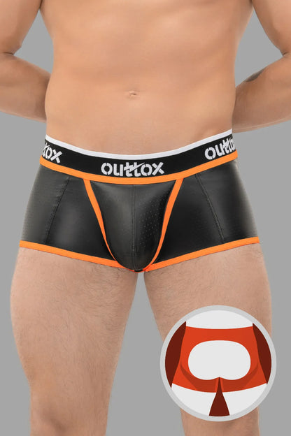 Outtox. Open Rear Trunk Shorts with Snap Codpiece. Black and Orange