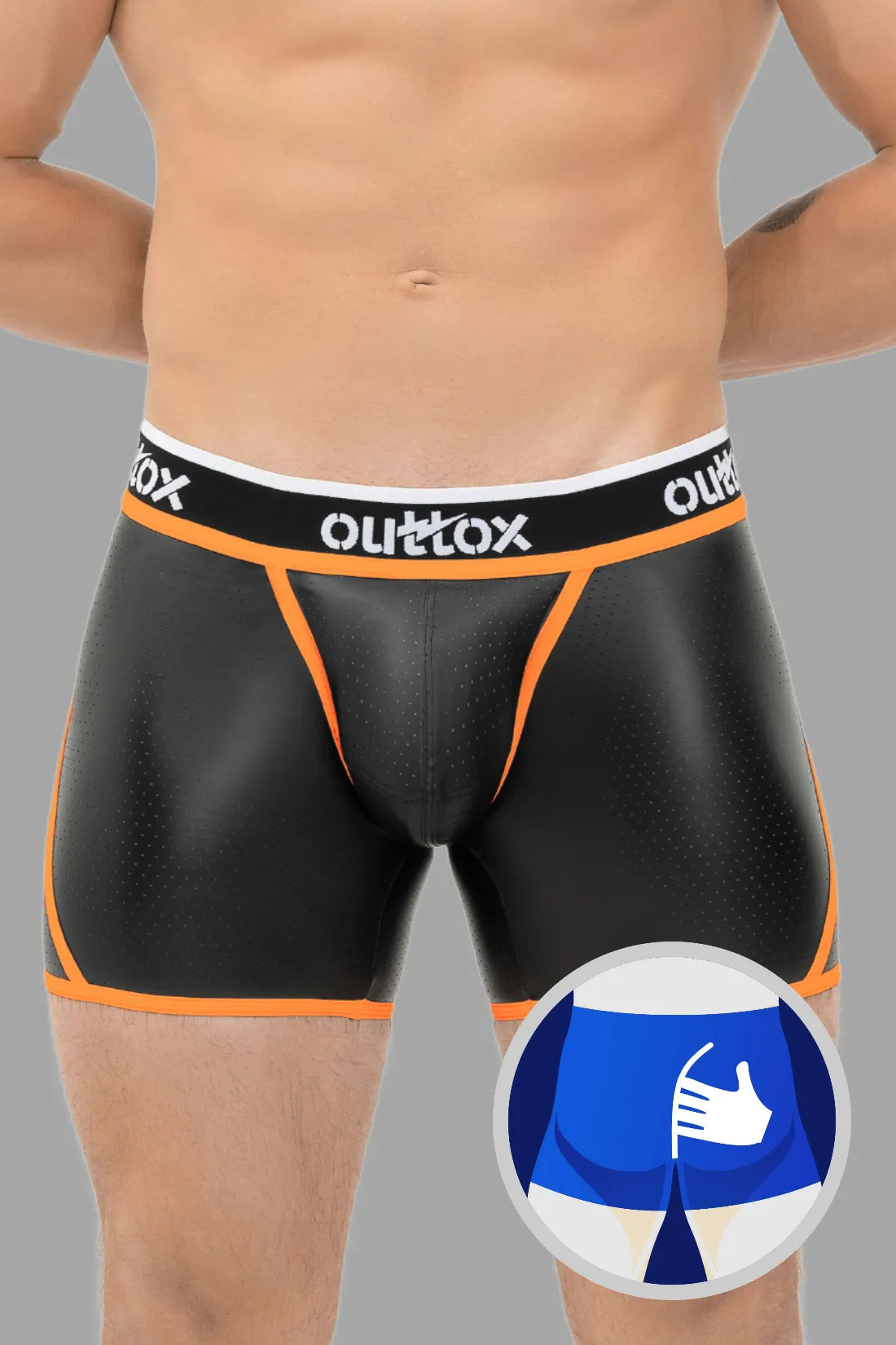 Outtox. Mallas cortas con parte trasera cruzada. Bragueta a presión. Negro+Naranja