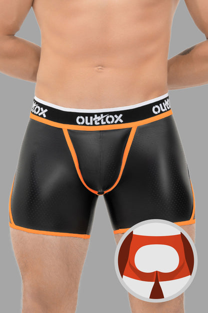 Outtox. Shorts mit offenem Rücken und Druckknopf. Schwarz+Orange