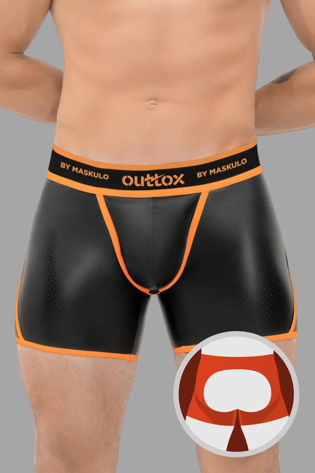 Outtox by Maskulo. Open Rear Shorts with Snap Codpiece. Orange &