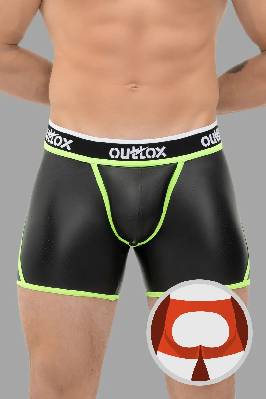 Outtox. Shorts mit offenem Rücken und Druckknopf-Codpiece. Schwarz und Grün „Neon“