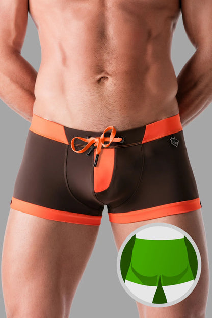 Badeshorts mit Reißverschlussimitat auf der Vorderseite. Braun und Orange