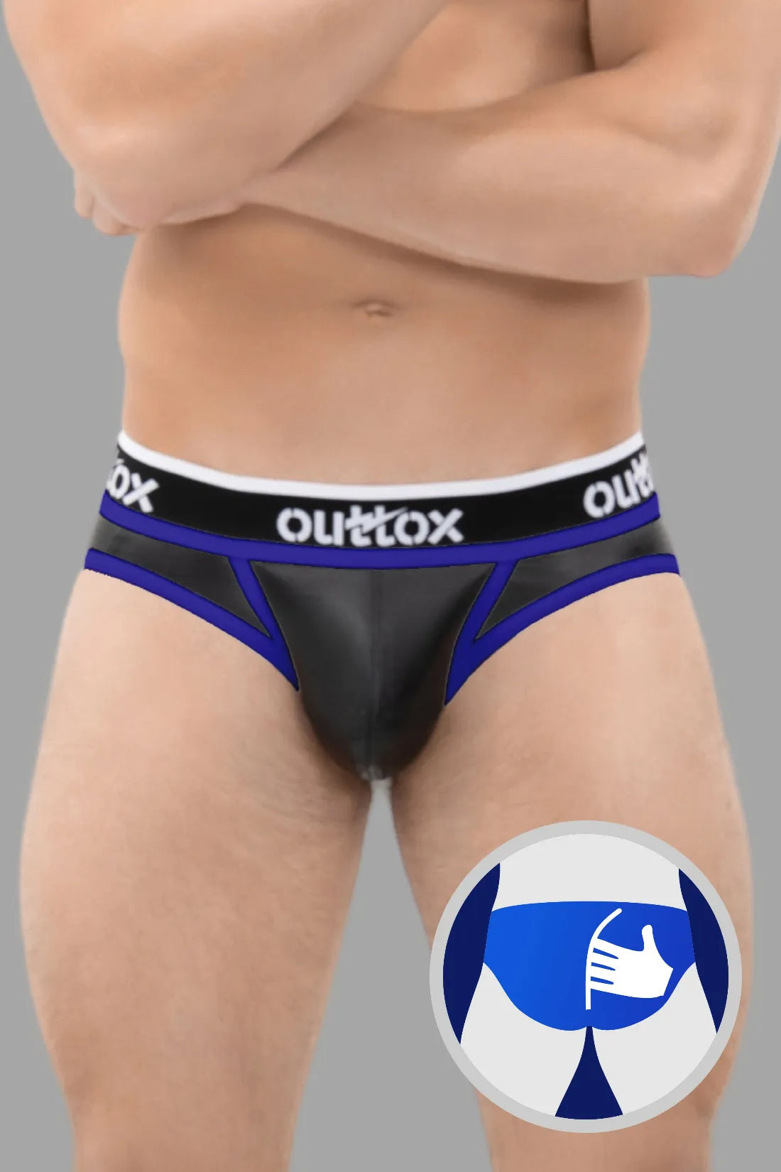 Outtox. Gewickelter Slip mit Druckknopfverschluss. Schwarz und Blau „Royal“