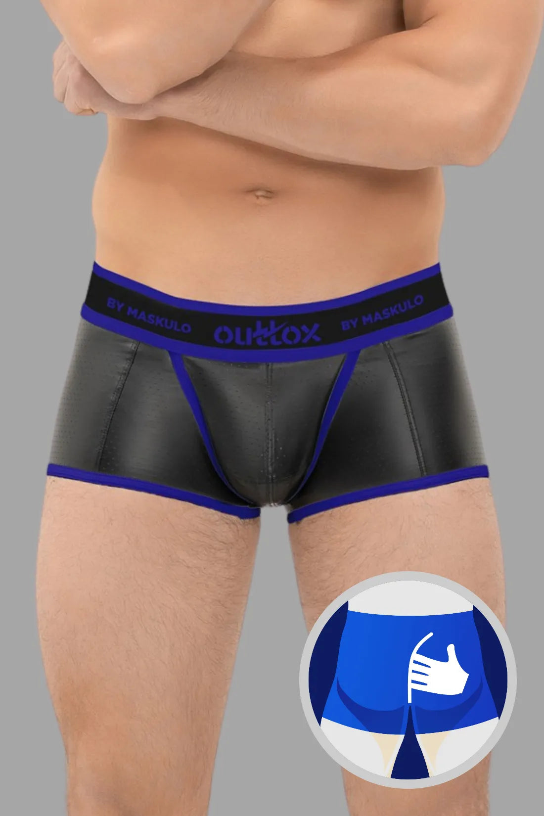 Outtox by Maskulo. Wrapped Rear Trunk Shorts with Snap Codpiece. Black and Blue