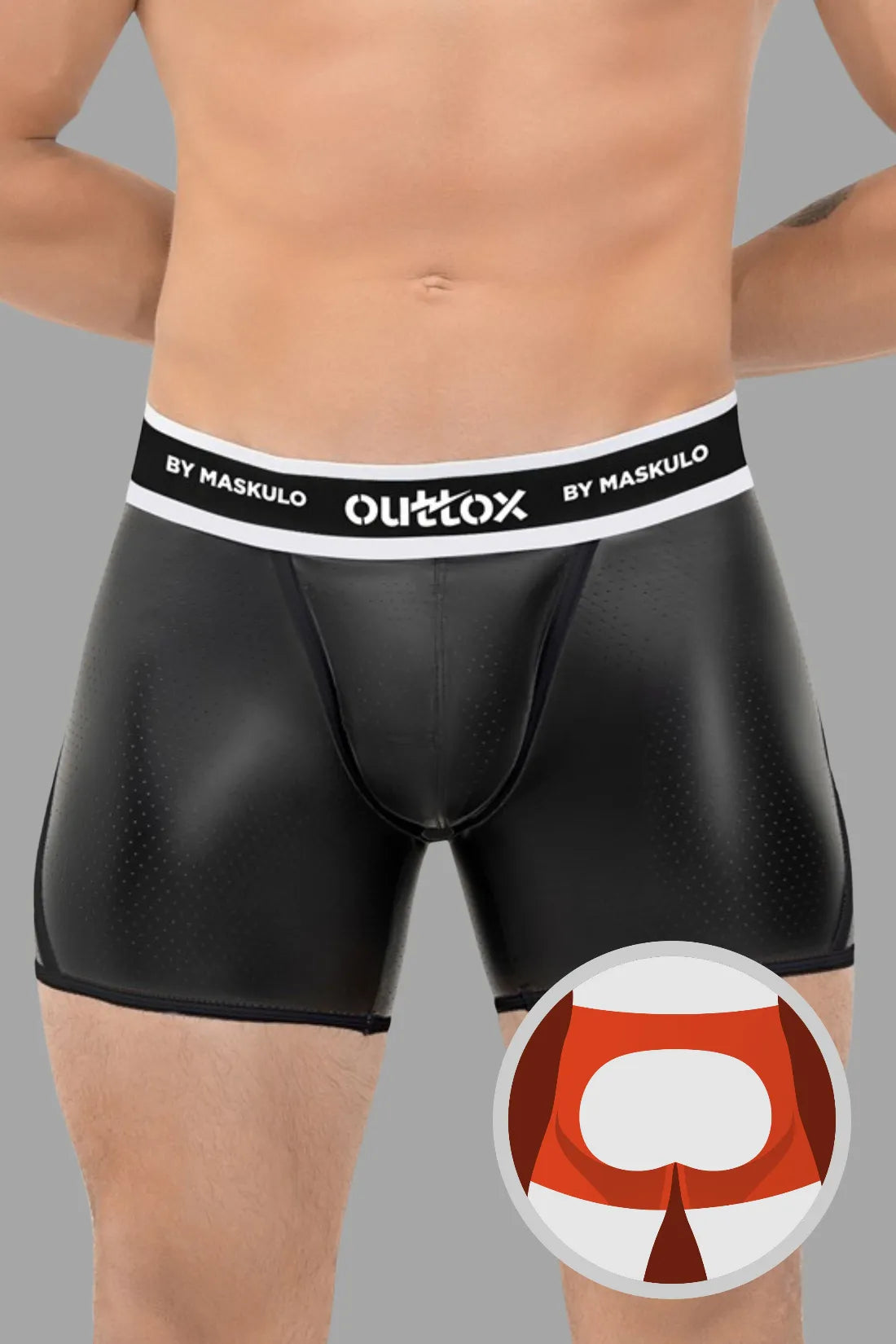 Outtox. Short arrière ouvert avec Snap Codpiece. Noir