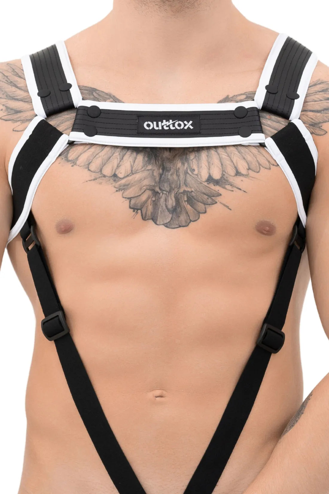 Outtox. Arnés corporal con broches. Negro+Blanco