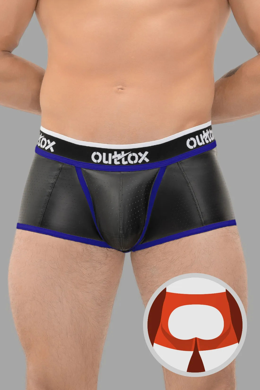 Outtox. Shorts mit offenem Rücken und Druckknopf-Schamkapsel. Schwarz und Blau „Royal“