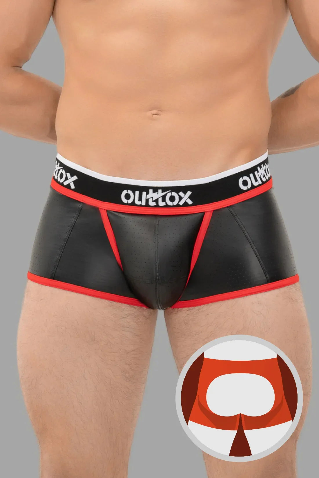 Outtox. Open Rear Trunk Shorts with Snap Codpiece. Black and Red