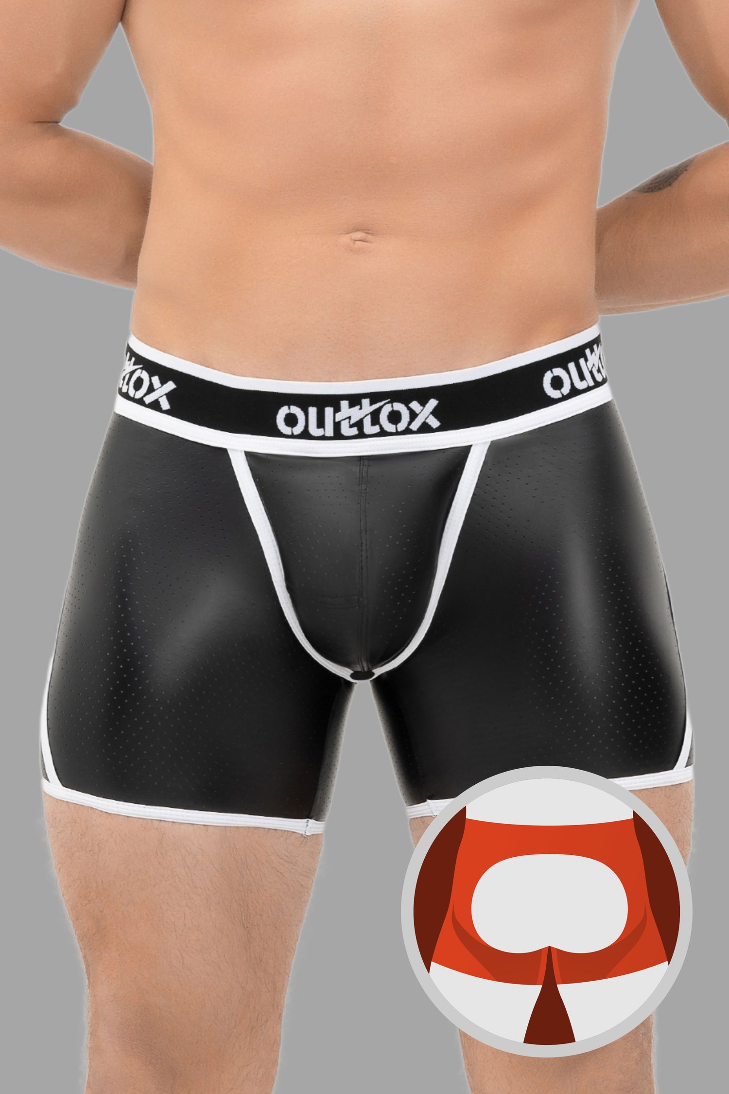 Outtox. Open Rear Shorts with Snap Codpiece. Black+White