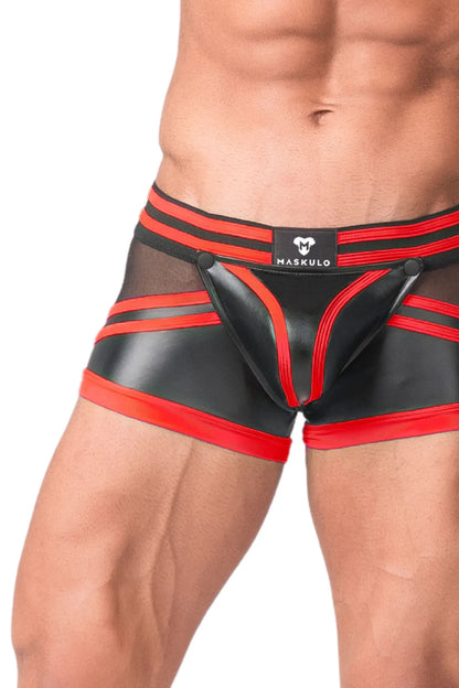 Youngero Generation Y. Herren-Shorts. Codpiece. Reißverschluss hinten. Schwarz und Rot