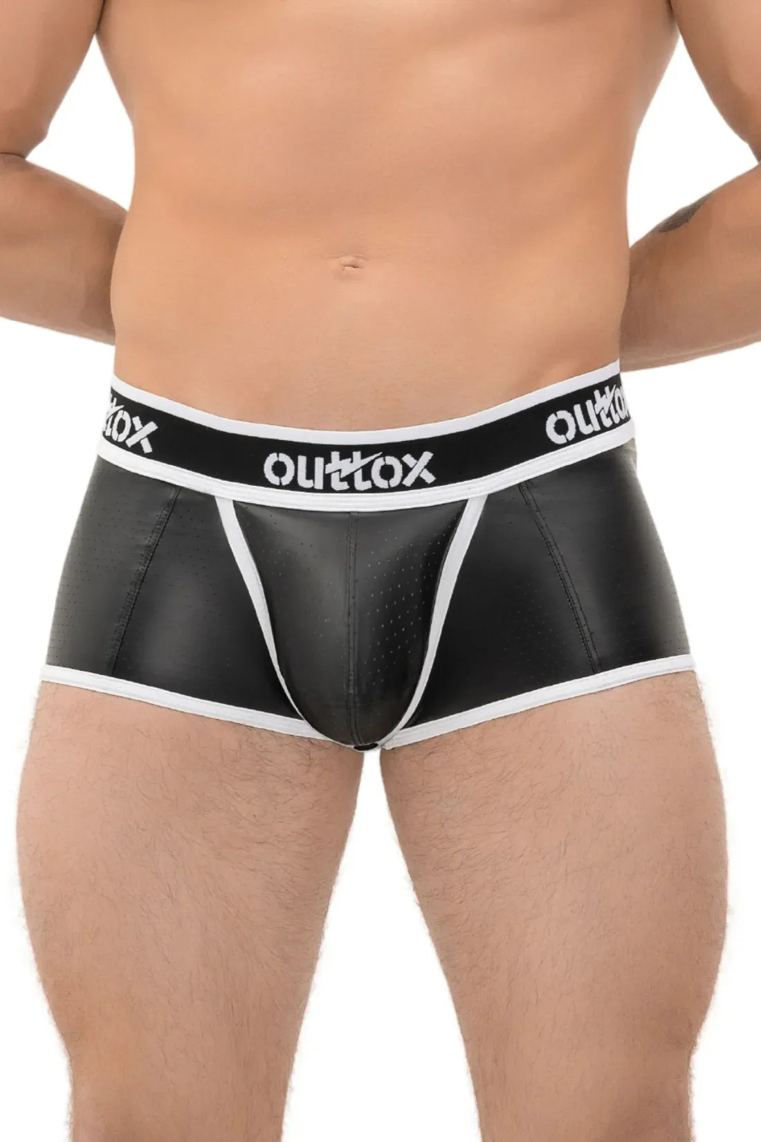 Outtox. Short de coffre ouvert avec braguette à boutons-pression. Noir et blanc