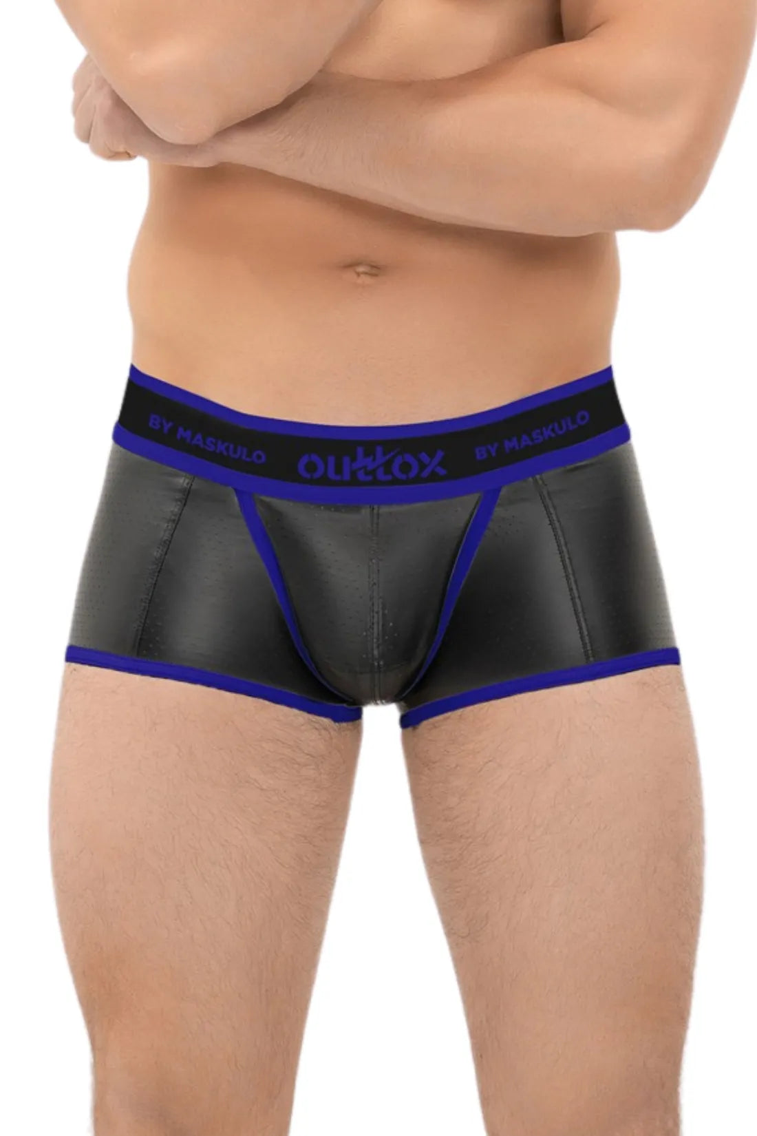 Outtox by Maskulo. Wrapped Rear Trunk Shorts with Snap Codpiece. Black and Blue