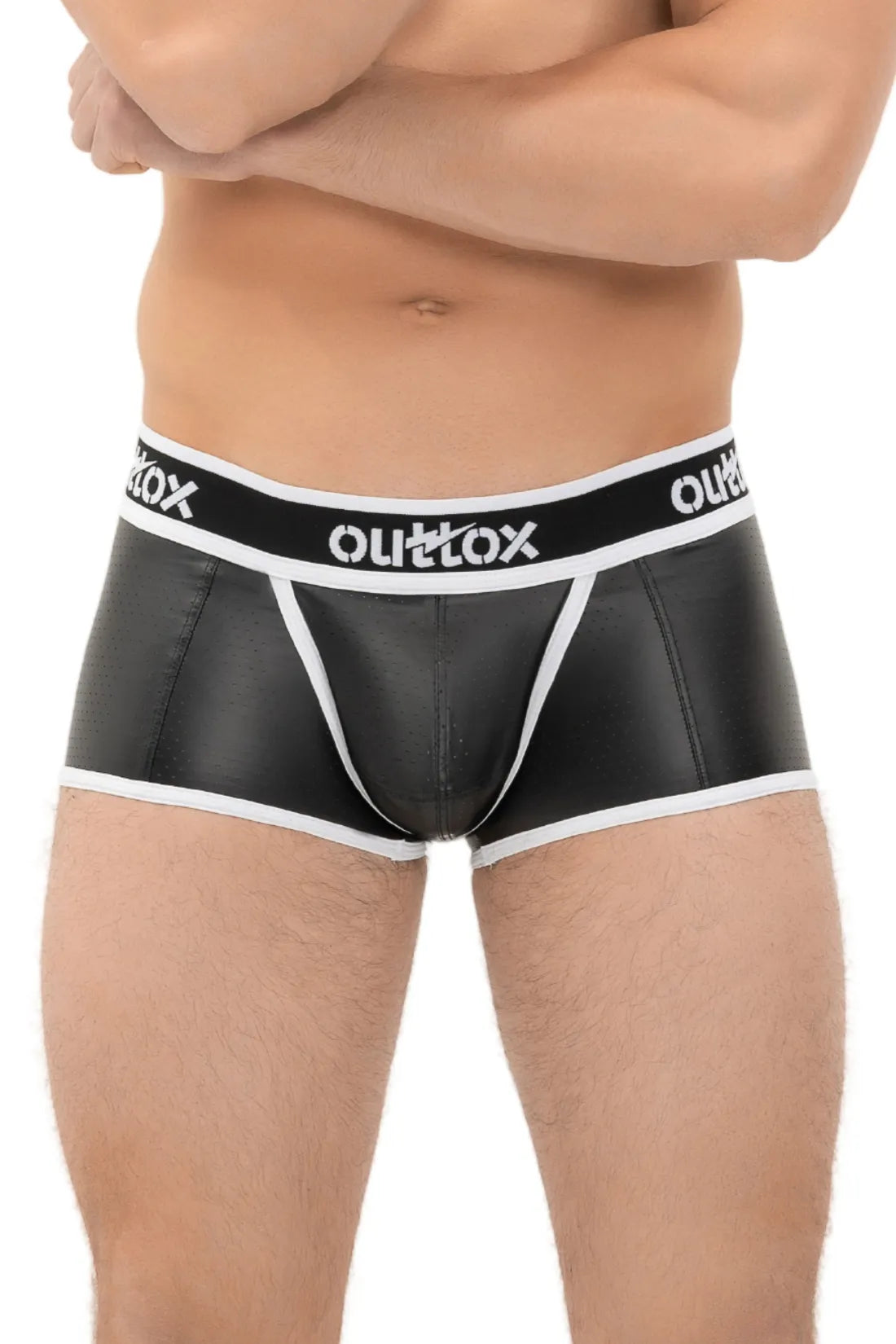 Outtox. Short de coffre arrière enveloppé avec braguette à boutons-pression. Noir et blanc