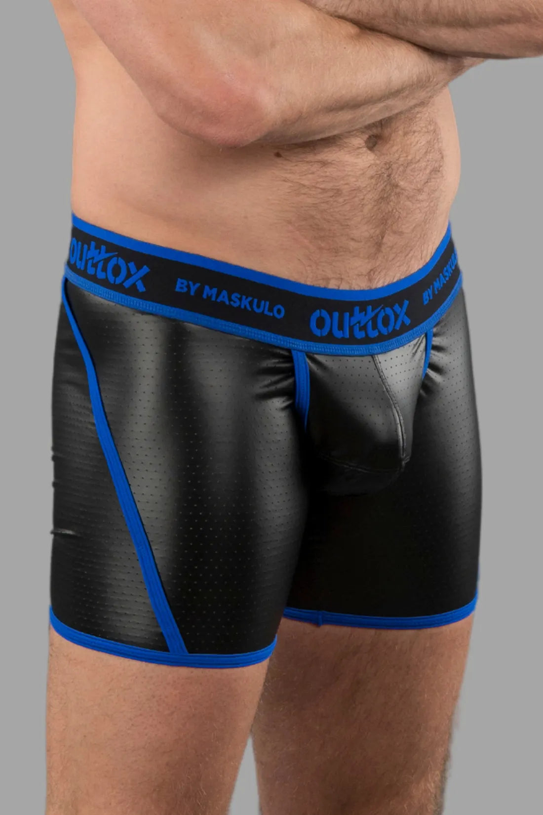 Outtox. Open Rear Shorts with Snap Codpiece. Black and Blue