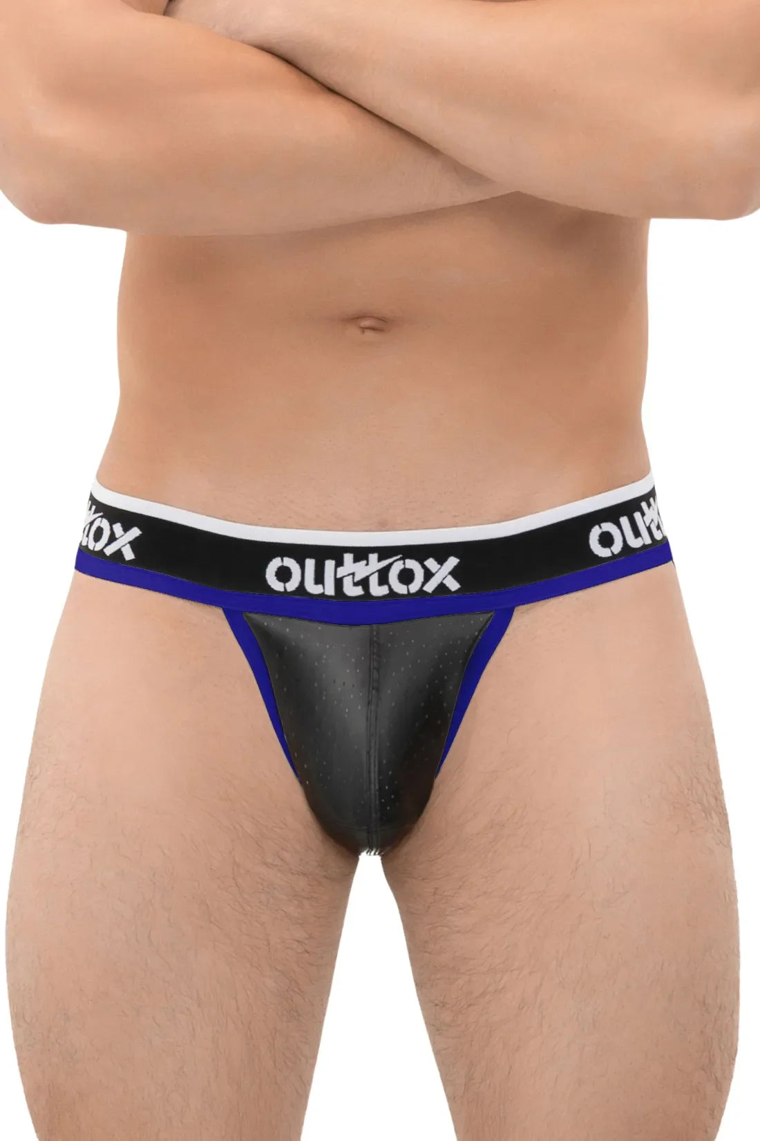 Outtox. Jock mit Druckknopf-Schamkapsel. Schwarz und Blau &