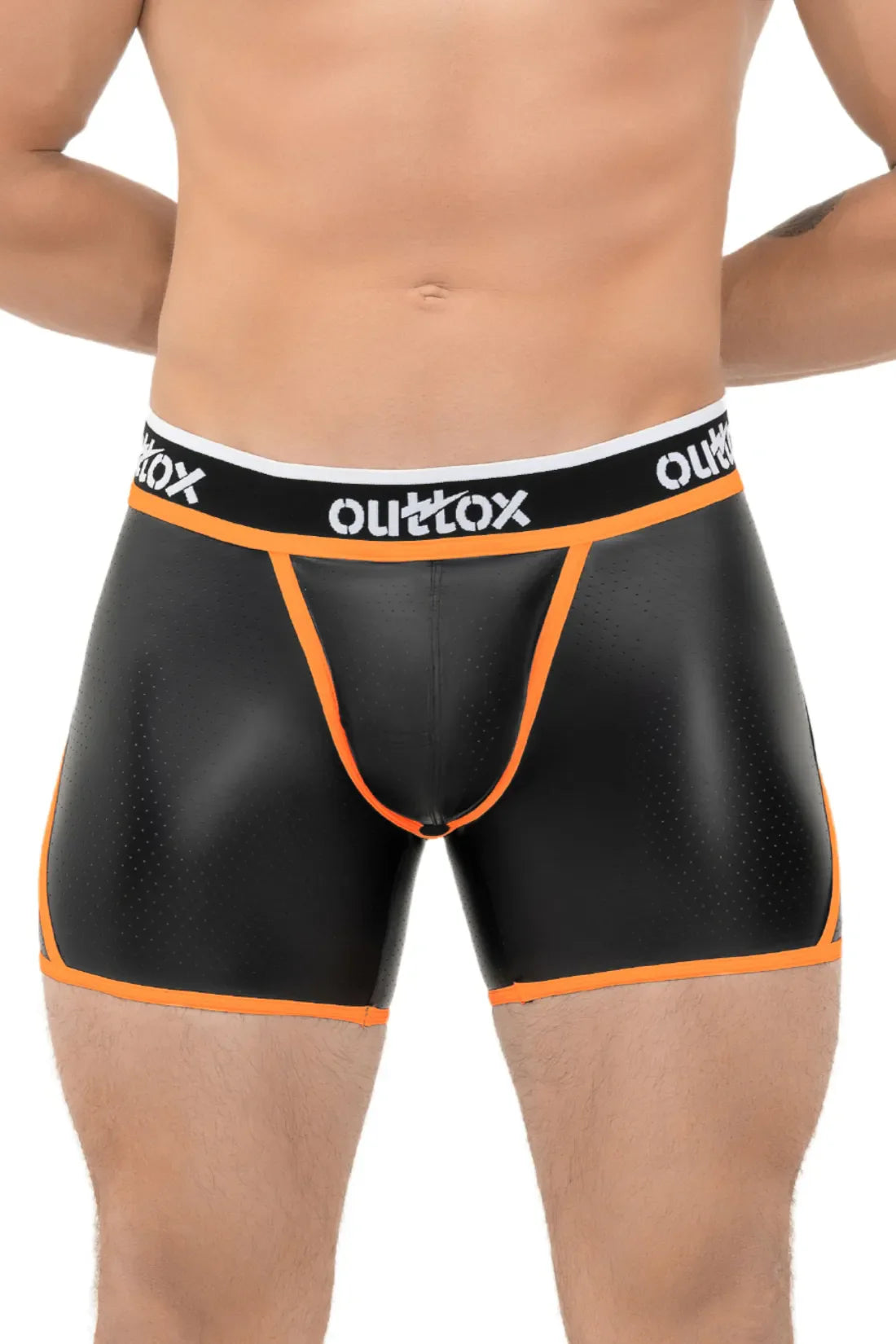 Outtox. Shorts mit offenem Rücken und Druckknopf-Codpiece. Orange „Neon“