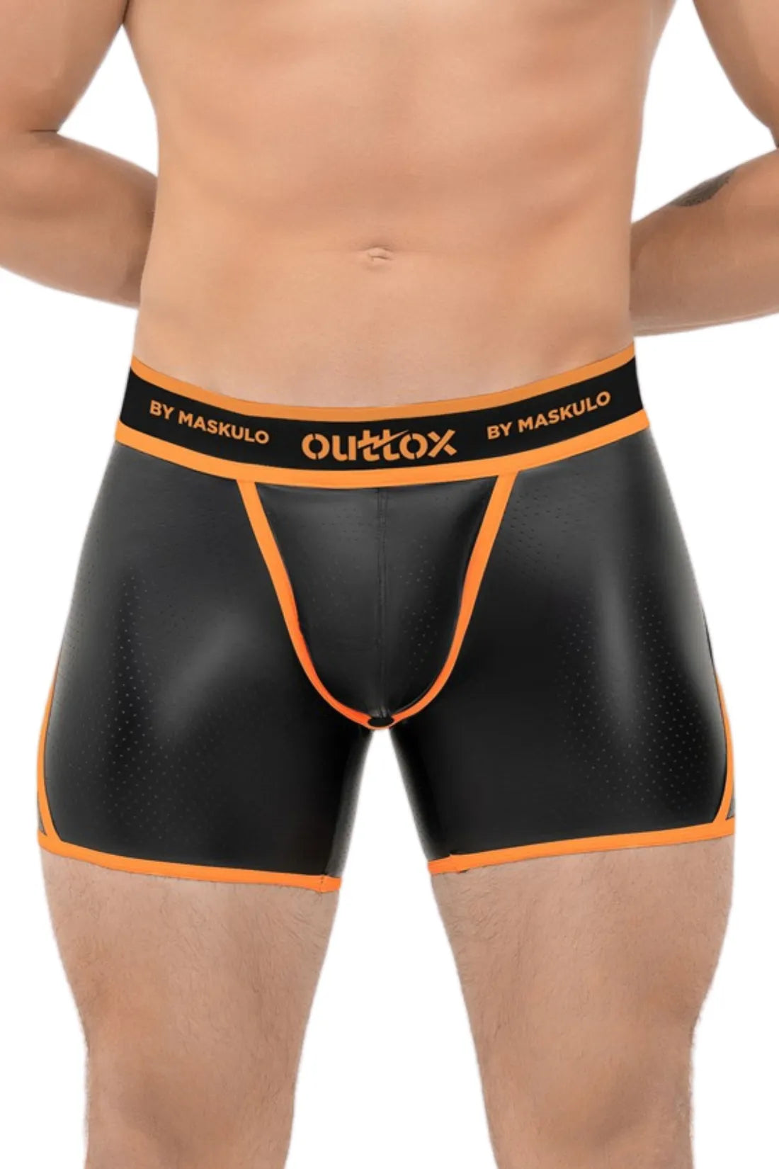 Outtox. Shorts mit offenem Rücken und Druckknopf-Codpiece. Orange „Neon“