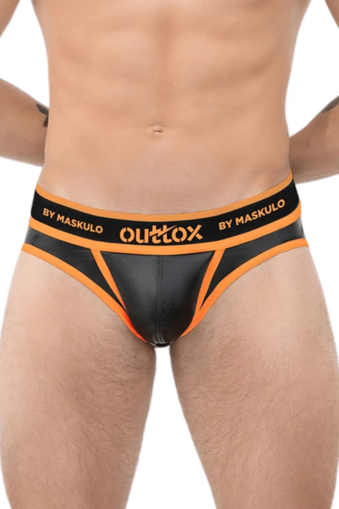 Outtox by Maskulo. Open Rear Briefs with Snap Codpiece. Orange &