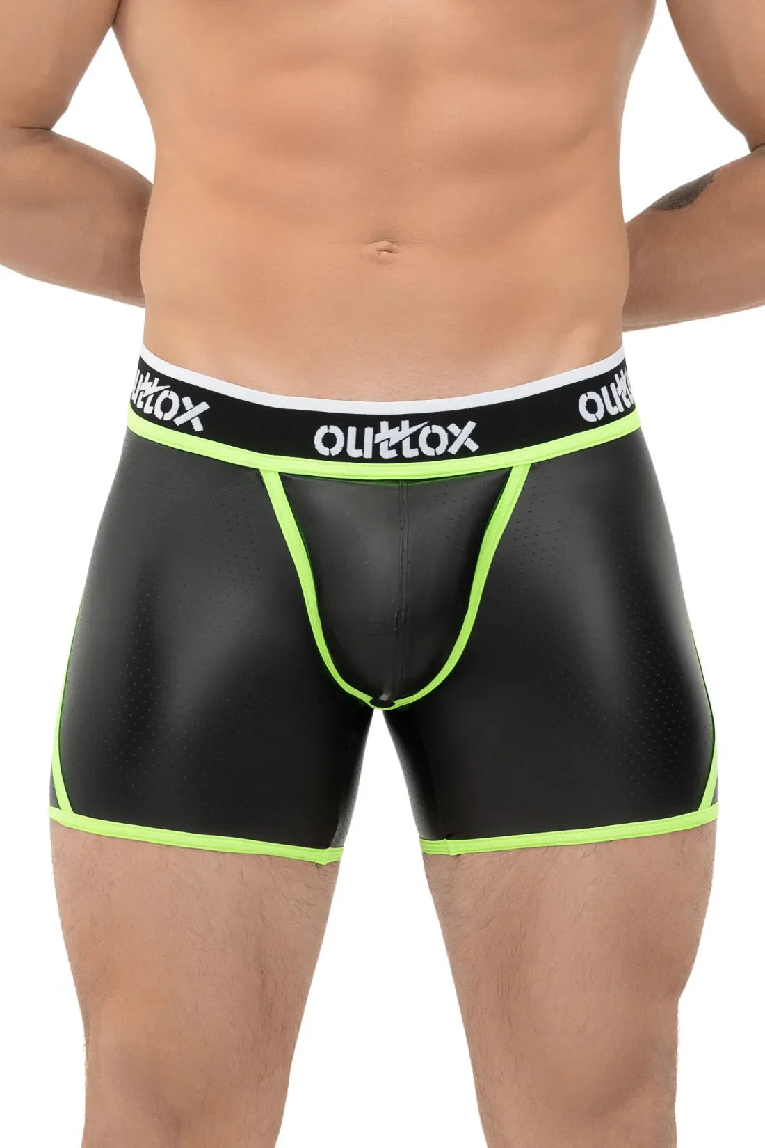 Outtox. Shorts mit offenem Rücken und Druckknopf-Codpiece. Schwarz und Grün „Neon“