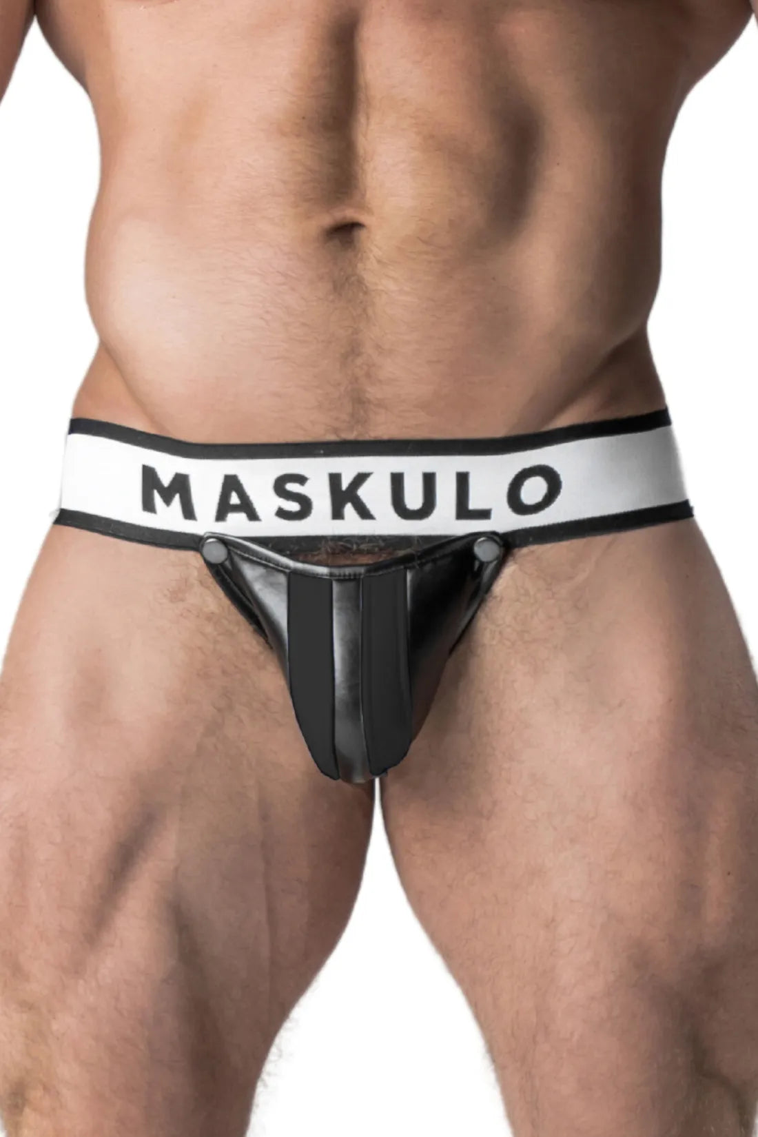 Blindado. Deportista fetichista masculino. Bragueta desmontable. Negro+Blanco