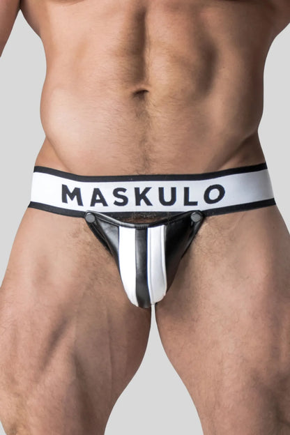 Armored. Jockstrap pour homme. Braguette amovible. Blanc et noir