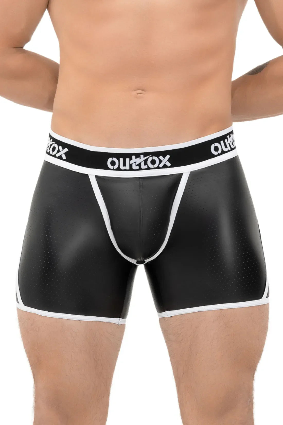 Outtox. Open Rear Shorts with Snap Codpiece. Black and White