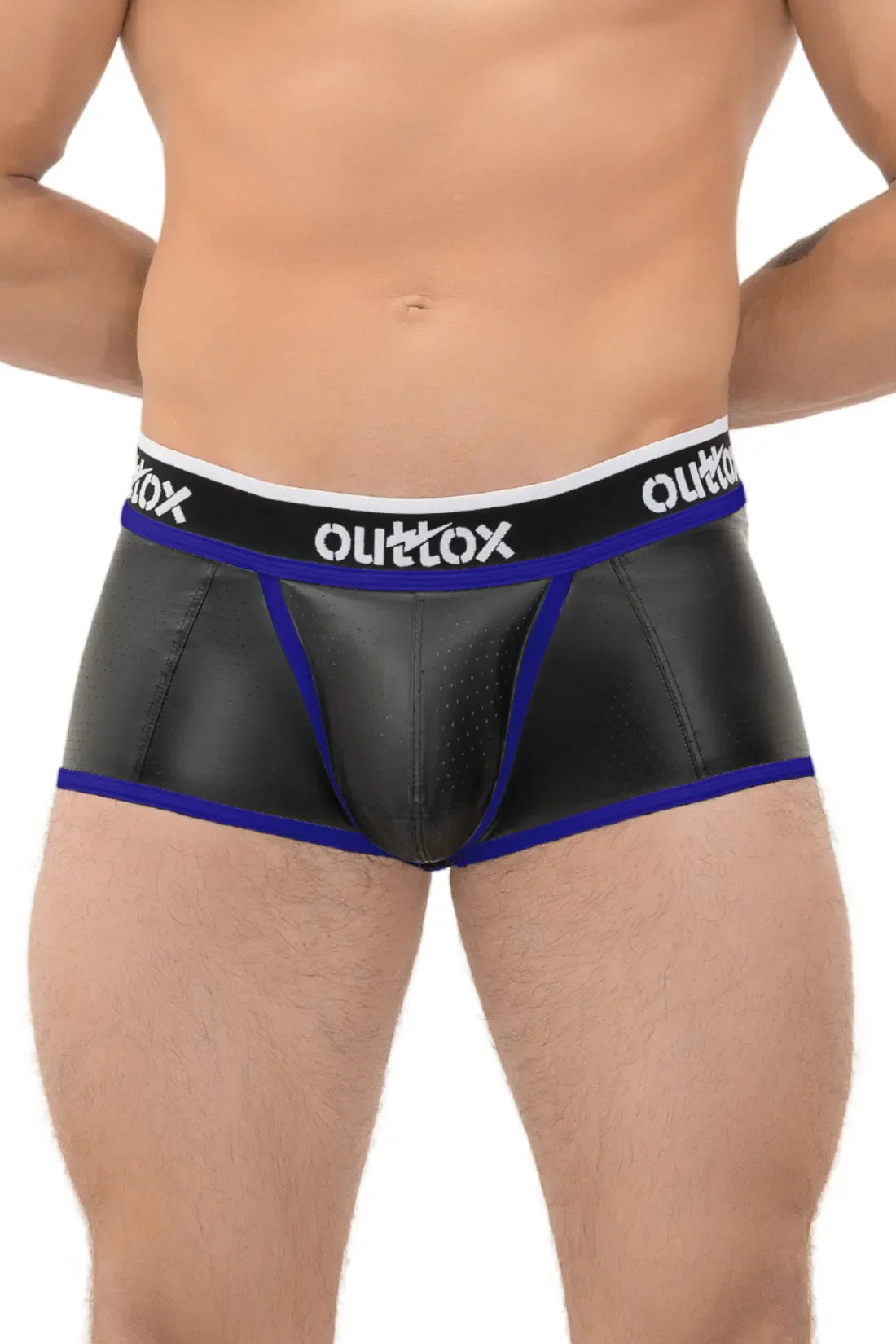 Outtox. Shorts mit offenem Rücken und Druckknopf-Schamkapsel. Schwarz und Blau „Royal“