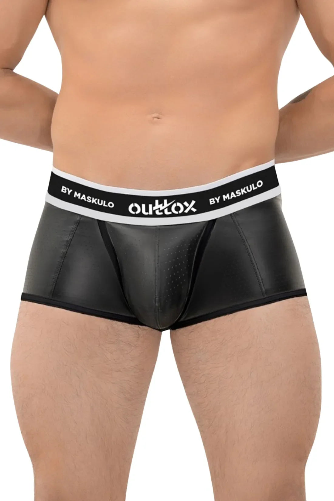 Outtox. Open Rear Trunk Shorts with Snap Codpiece. Black