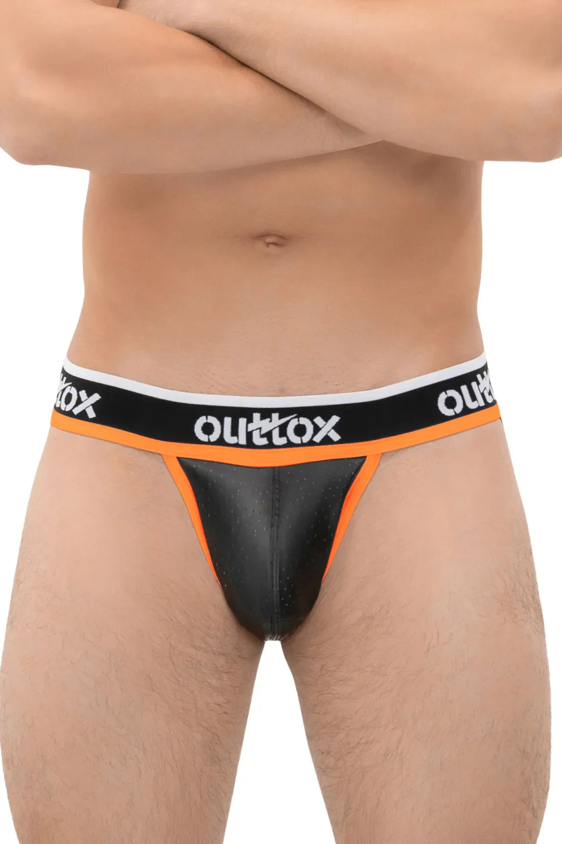 Outtox. Jockstrap avec braguette à boutons-pression. Noir et orange