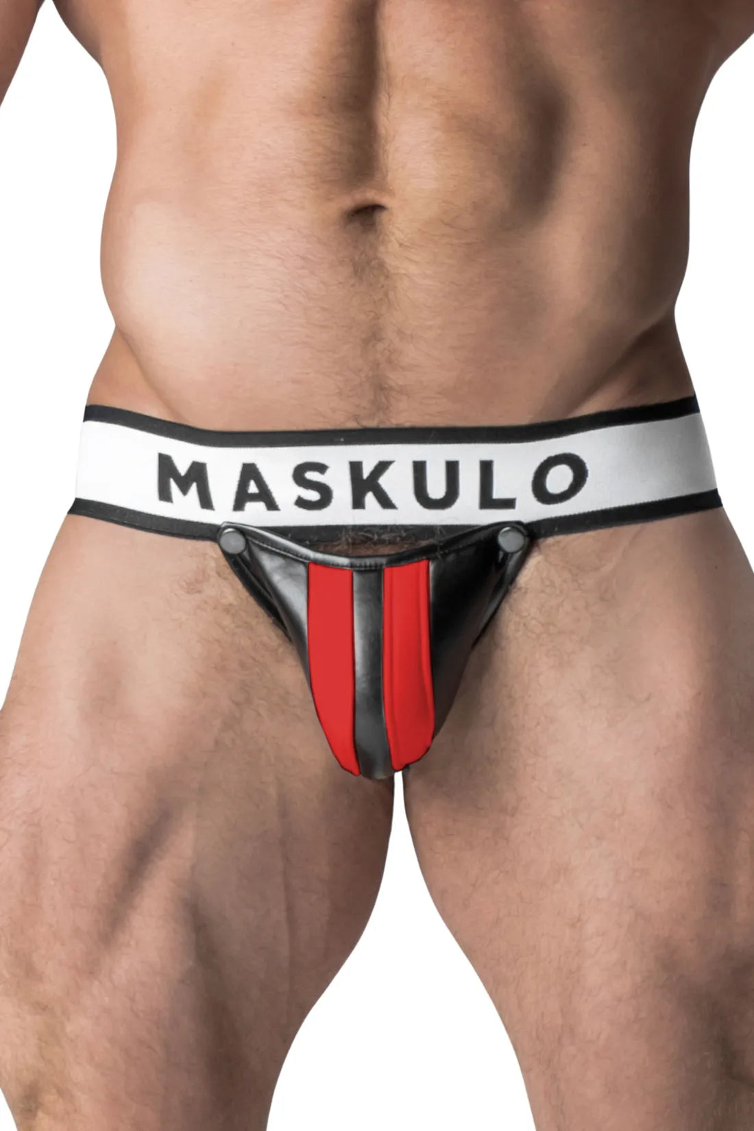 Armored. Jockstrap pour homme. Braguette amovible. Noir et rouge