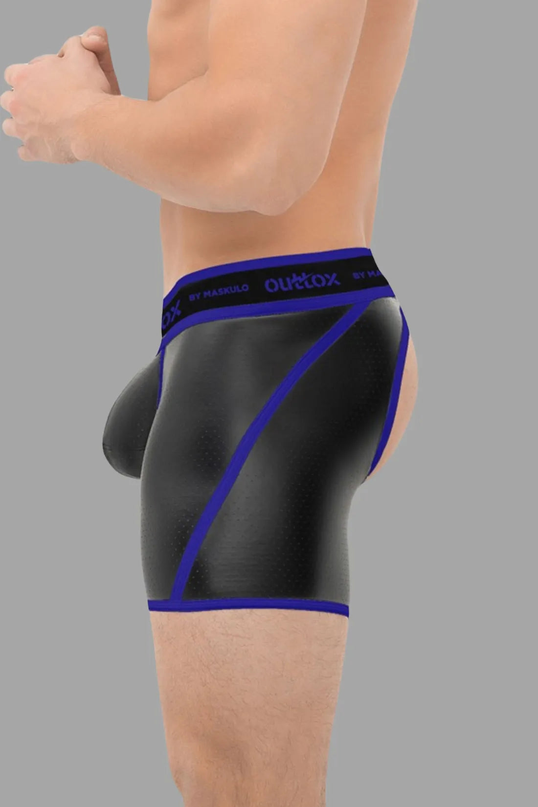 Outtox by Maskulo. Open Rear Shorts with Snap Codpiece. Black and Blue