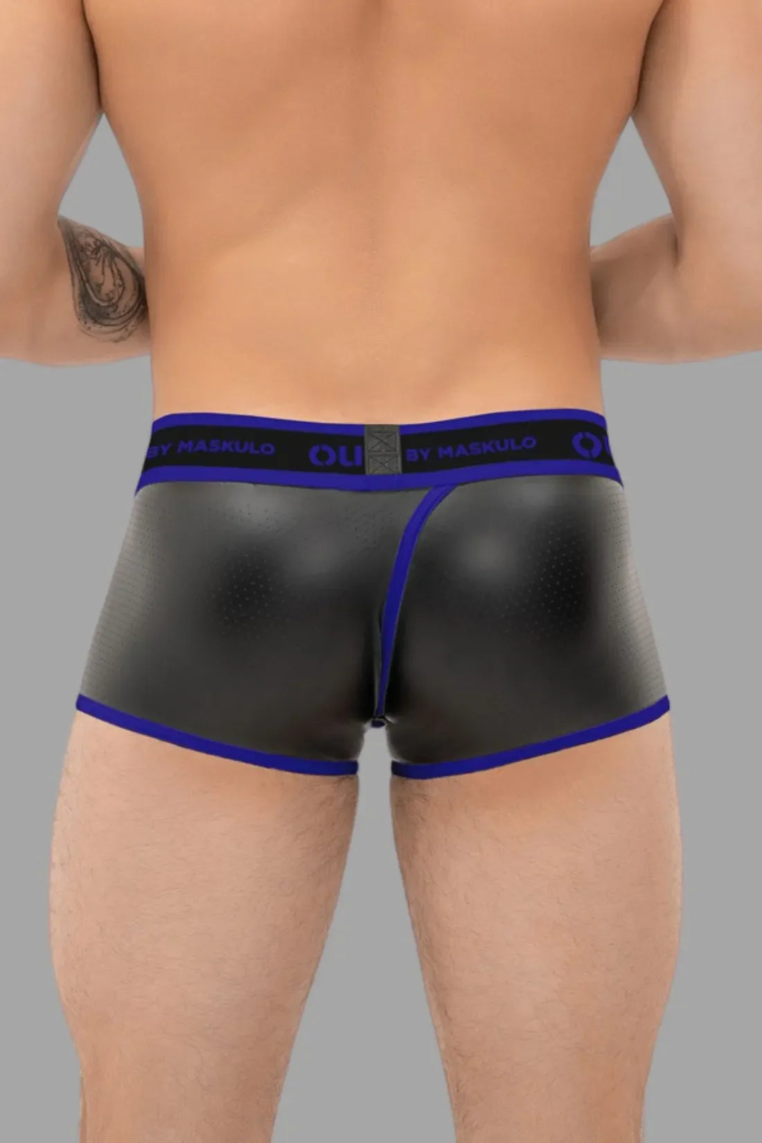 Outtox. Wrapped Rear Trunk Shorts with Snap Codpiece. Black and Blue