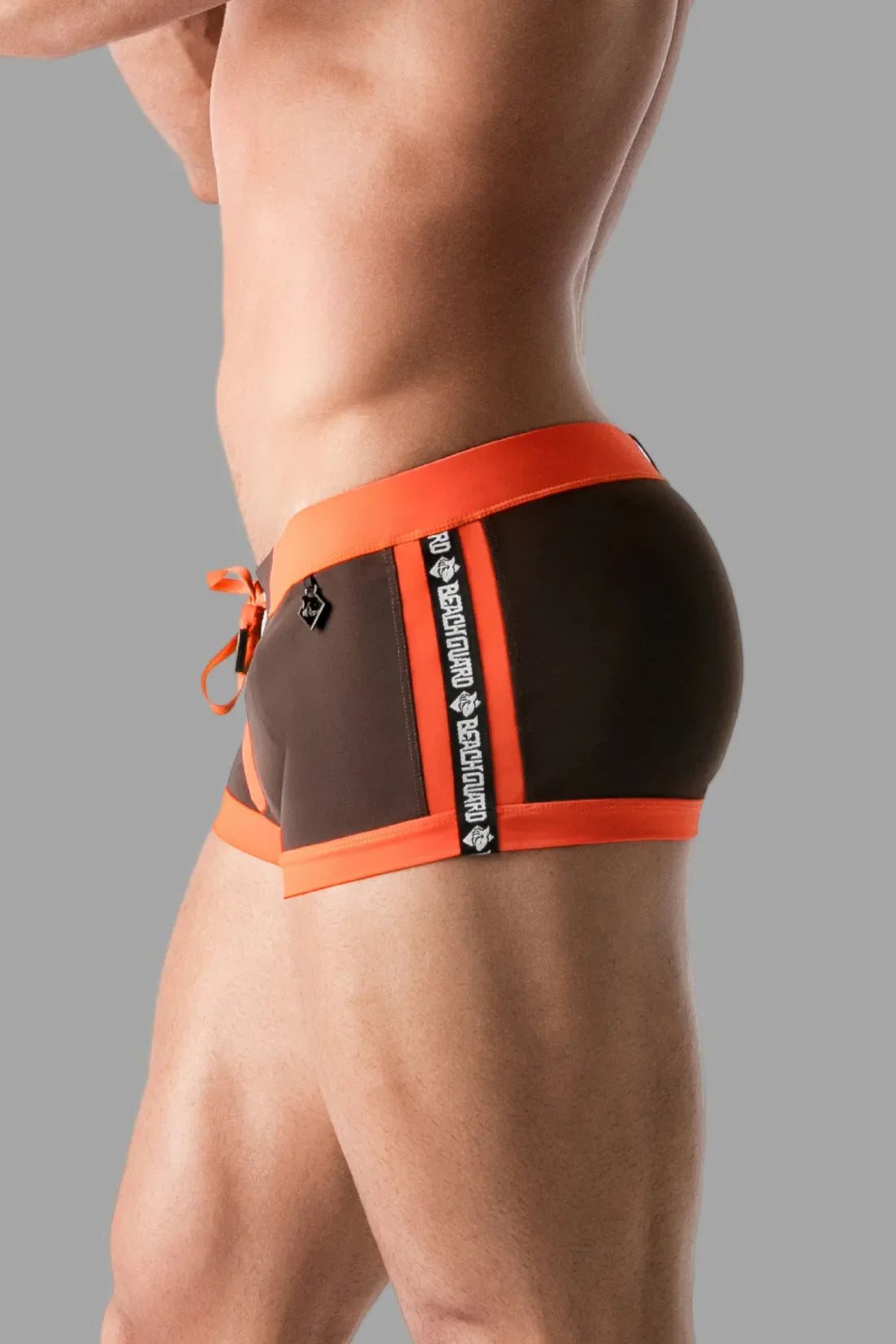 Swimming Trunk Shorts with Zip Imitation on the Front. Brown and Orange