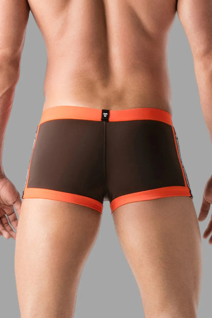 Swimming Trunk Shorts with Zip Imitation on the Front. Brown and Orange