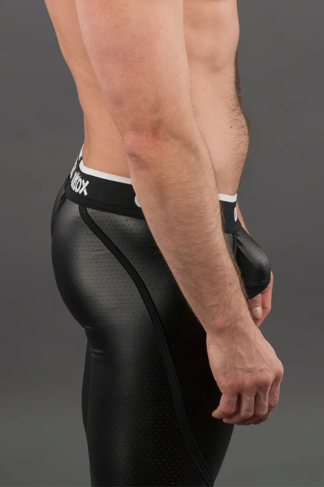 Outtox. Zippered Rear Leggings with Snap Codpiece. Black