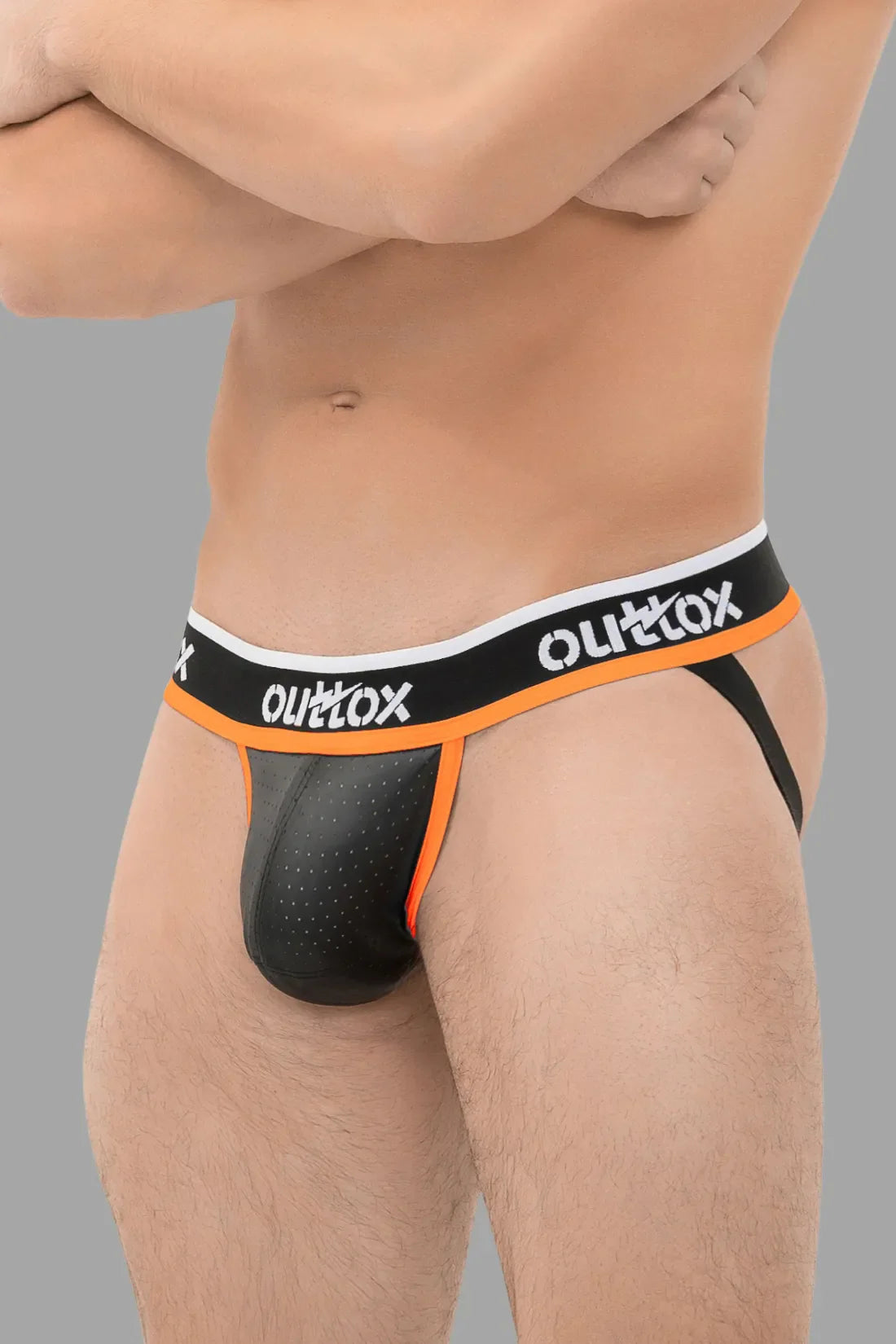 Outtox. Jock mit Druckknopf-Codpiece. Schwarz und Orange