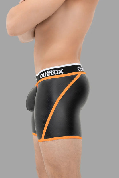 Outtox. Mallas cortas con parte trasera cruzada. Bragueta a presión. Negro+Naranja