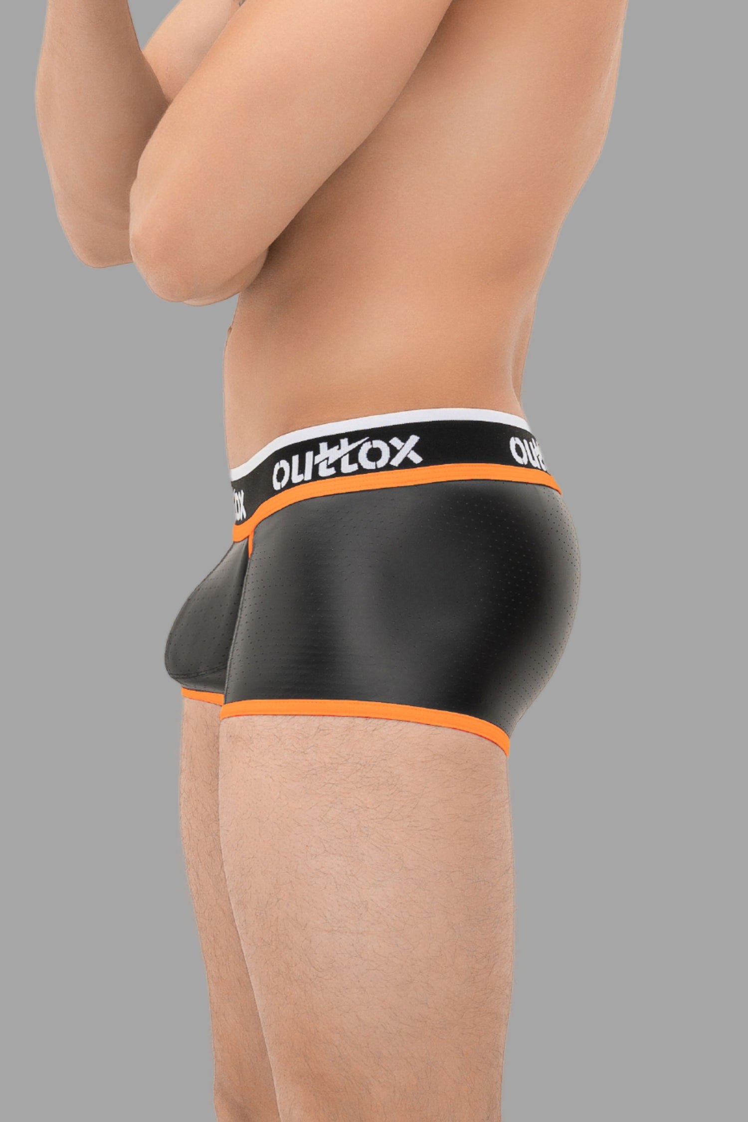 Outtox. Wrapped Rear Trunk Shorts with Snap Codpiece. Black+Orange