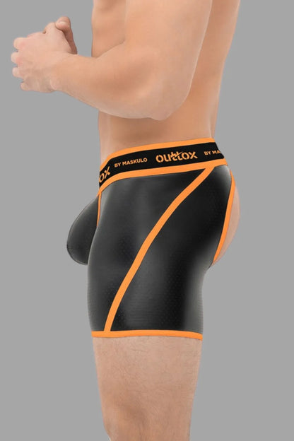 Outtox by Maskulo. Open Rear Shorts with Snap Codpiece. Orange &