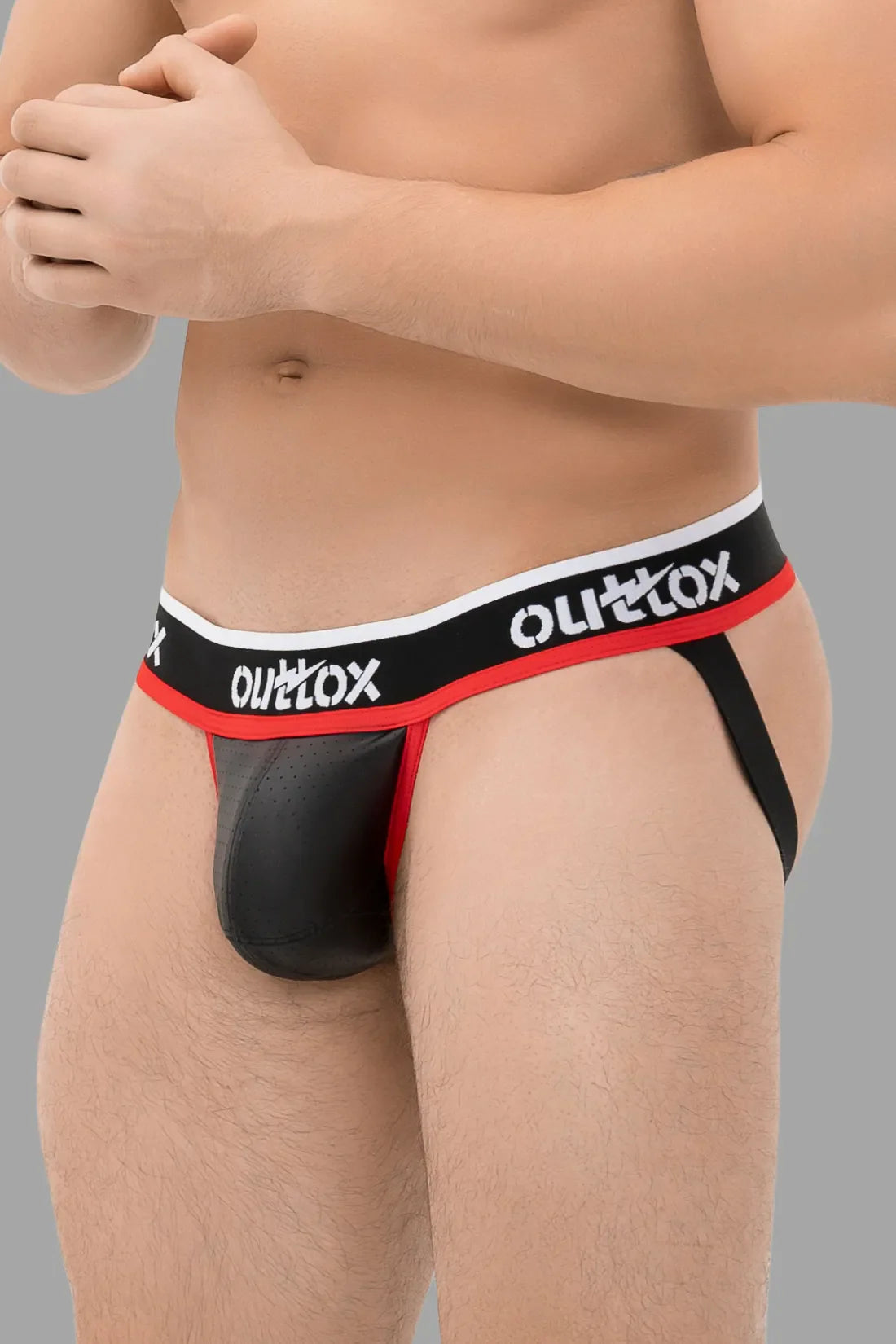 Outtox. Jock mit Druckknopf-Codpiece. Schwarz und Rot