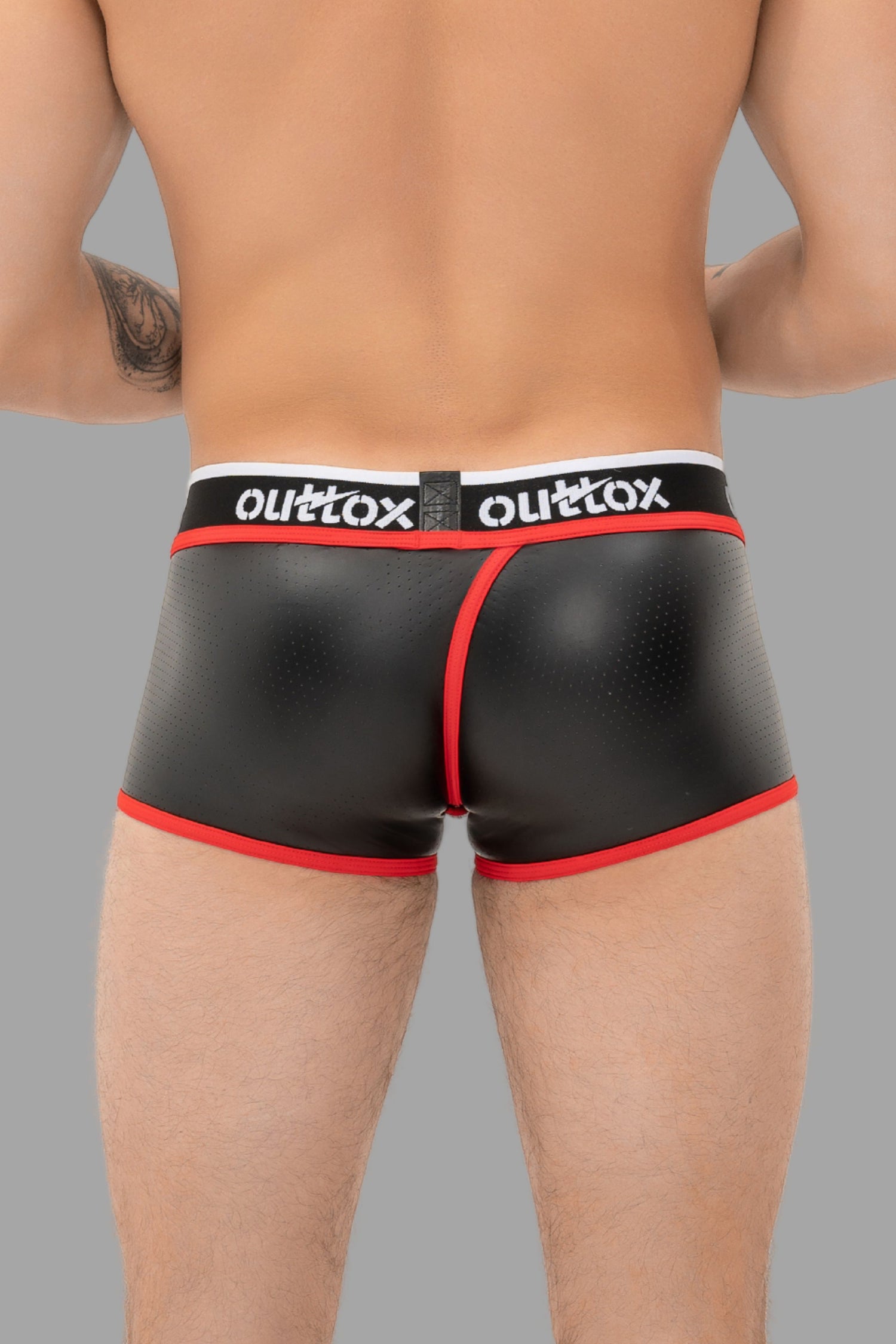 Outtox. Wrapped Rear Trunk Shorts with Snap Codpiece. Black+Red